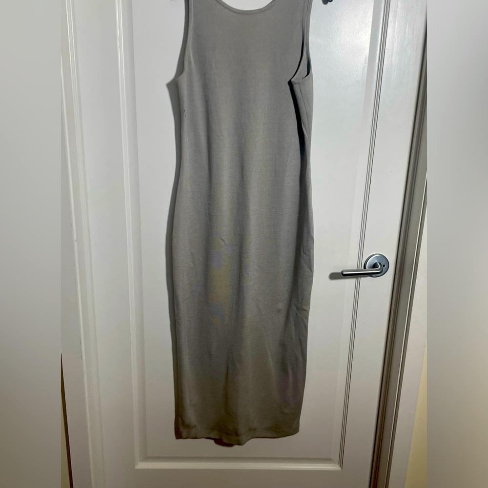 St John mid length knit shift dress with v back in chrome